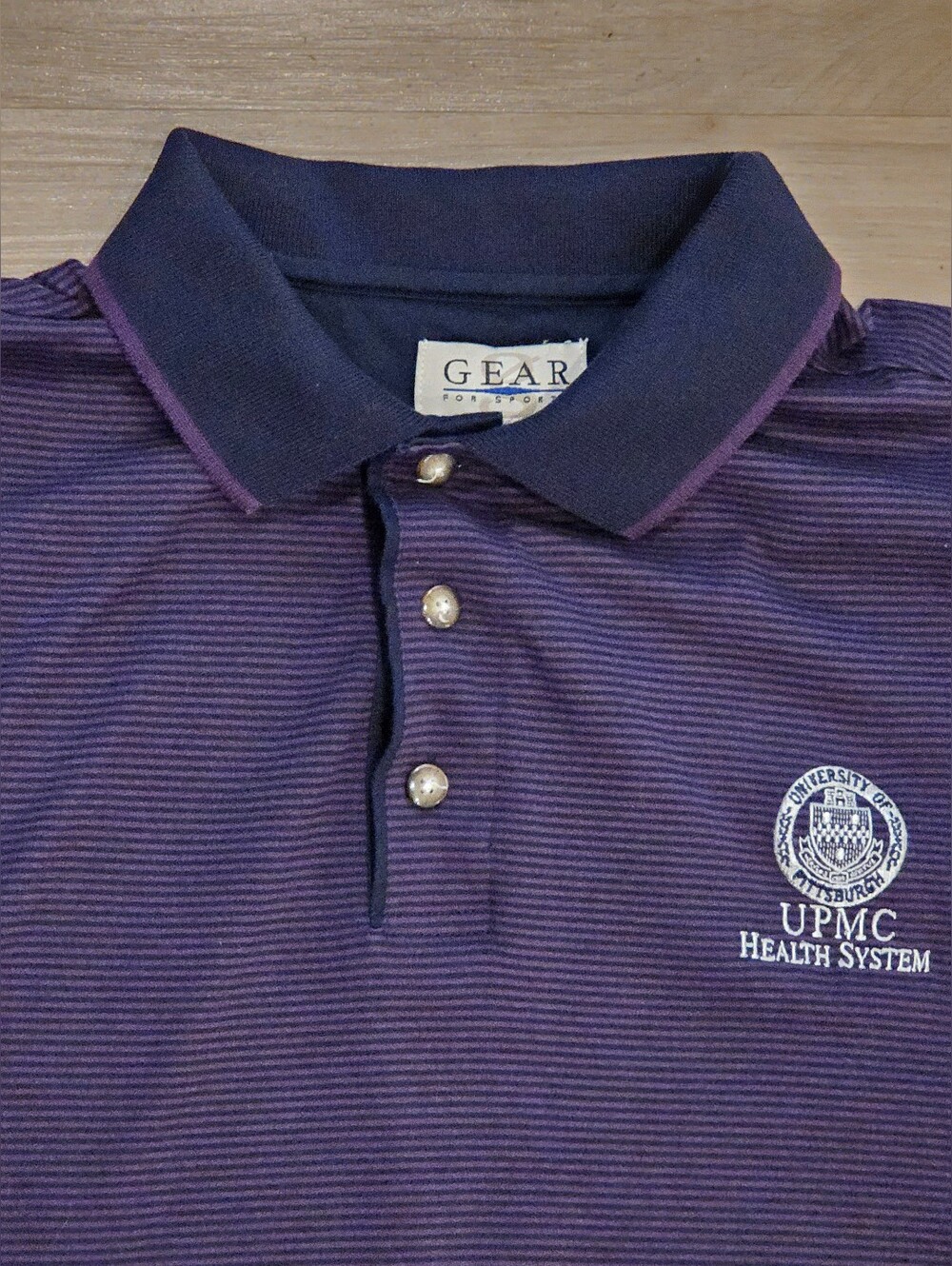 Gear For Sports Mens Collared Polo XL Navy & Purple UPMC Health Care Striped